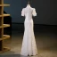 Charming Ivory Lace Flower Bow Evening Dresses 2023 Trumpet / Mermaid High Neck Short Sleeve Floor-Length / Long Evening Party Formal Dresses