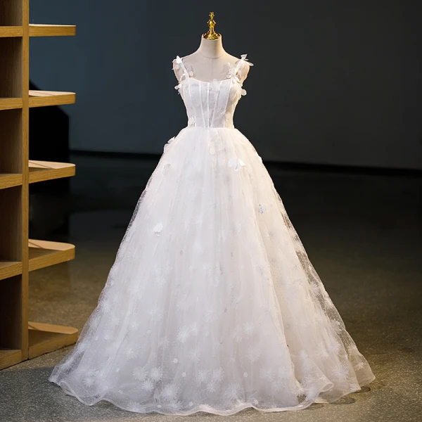 Chic / Beautiful White Butterfly Appliques Prom Dresses 2023 Ball Gown Spaghetti Straps Sleeveless Backless Floor-Length / Long Prom Formal Dresses