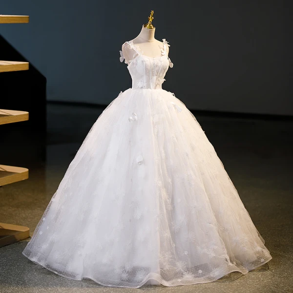Chic / Beautiful White Butterfly Appliques Prom Dresses 2023 Ball Gown Spaghetti Straps Sleeveless Backless Floor-Length / Long Prom Formal Dresses