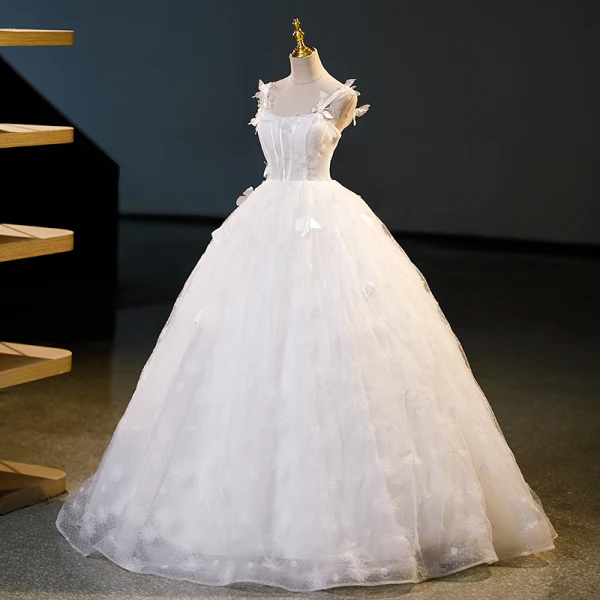 Chic / Beautiful White Butterfly Appliques Prom Dresses 2023 Ball Gown Spaghetti Straps Sleeveless Backless Floor-Length / Long Prom Formal Dresses