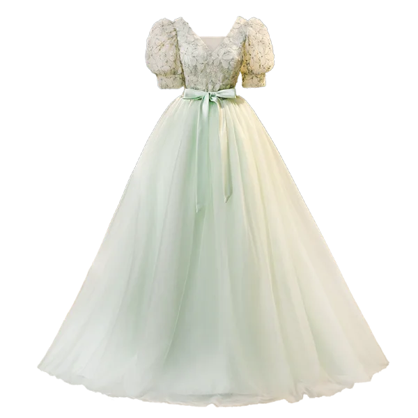 Élégant Vert Cendré Paillettes Appliques Robe De Bal 2023 Robe Boule V-Cou Manches Courtes Dos Nu Noeud Ceinture Longue Promo Robe De Ceremonie