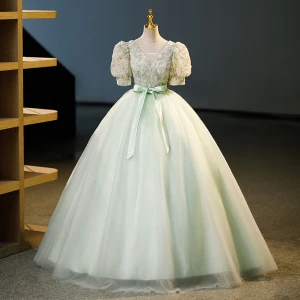 Elegant Sage Green Sequins Appliques Prom Dresses 2023 Ball Gown V Neck Short Sleeve Backless Bow Sash Floor Length Long Prom Formal Dresses