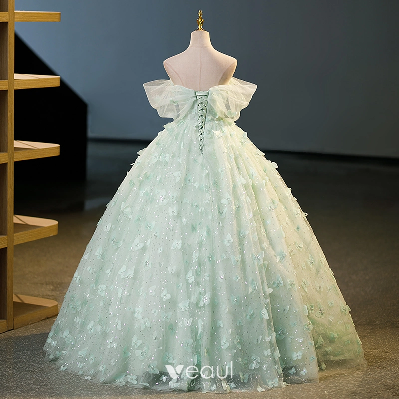 Fashion Sage Green Beading Butterfly Appliques Prom Dresses 2023 Ball Gown  Off The Shoulder Short Sleeve Backless Floor Length Long Prom Formal Dresses