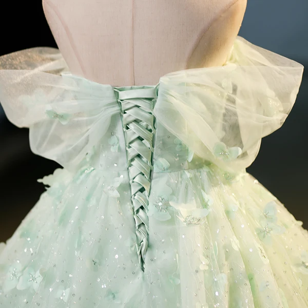 Fashion Sage Green Beading Butterfly Appliques Prom Dresses 2023 Ball Gown Off-The-Shoulder Short Sleeve Backless Floor-Length / Long Prom Formal Dresses