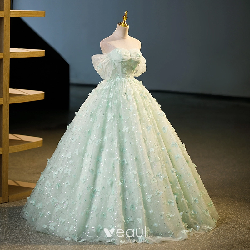 hunter green mens dress pants Unique Off Shoulder A-line Mint Green Tulle Prom Long Formal Dress –  Pgmdress main image 0