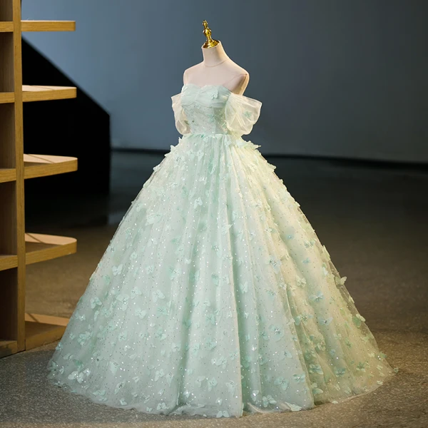 Fashion Sage Green Beading Butterfly Appliques Prom Dresses 2023 Ball Gown Off-The-Shoulder Short Sleeve Backless Floor-Length / Long Prom Formal Dresses