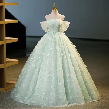 Fashion Sage Green Beading Butterfly Appliques Prom Dresses 2023 Ball Gown Off The Shoulder Short Sleeve Backless Floor Length Long Prom Formal Dresses