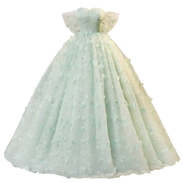 Fashion Sage Green Beading Butterfly Appliques Prom Dresses 2023 Ball Gown Off-The-Shoulder Short Sleeve Backless Floor-Length / Long Prom Formal Dresses