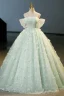Fashion Sage Green Beading Butterfly Appliques Prom Dresses 2023 Ball Gown Off-The-Shoulder Short Sleeve Backless Floor-Length / Long Prom Formal Dresses