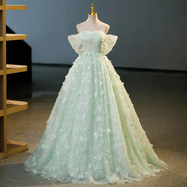 Fashion Sage Green Beading Butterfly Appliques Prom Dresses 2023 Ball Gown Off-The-Shoulder Short Sleeve Backless Floor-Length / Long Prom Formal Dresses