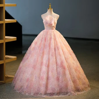 Lovely Blushing Pink Beading Flower Prom Dresses 2023 Ball Gown Strapless Sleeveless Backless Floor Length Long Prom Formal Dresses