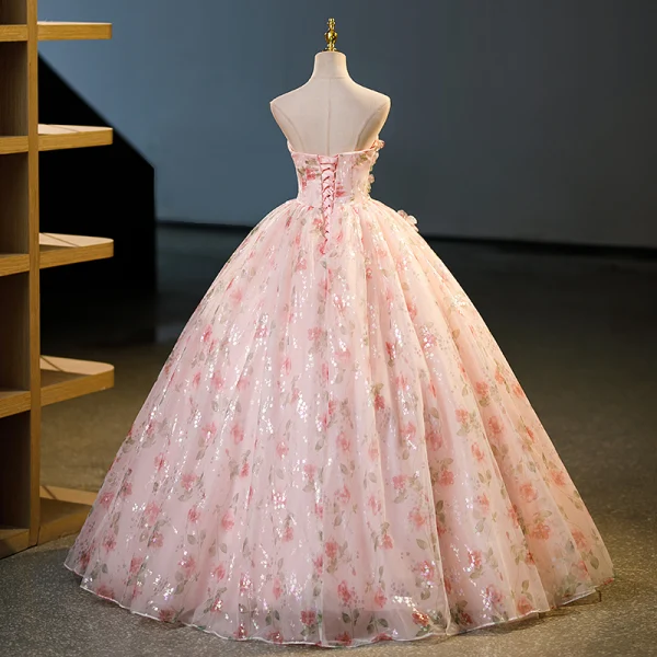 Flower Fairy Blushing Pink Appliques Printing Flower Sequins Prom Dresses 2023 Ball Gown Strapless Sleeveless Backless Floor-Length / Long Prom Formal Dresses