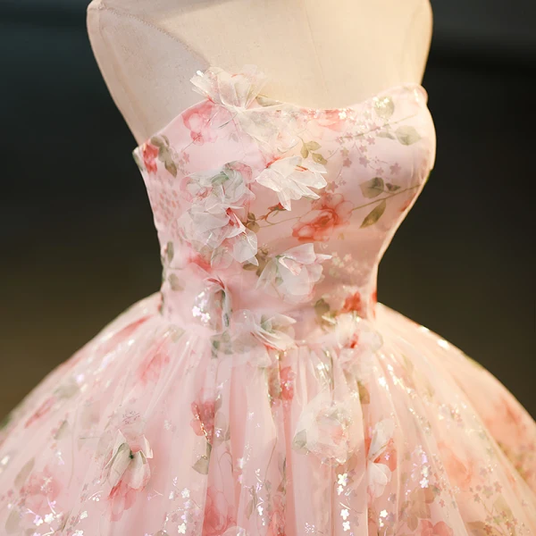 Flower Fairy Blushing Pink Appliques Printing Flower Sequins Prom Dresses 2023 Ball Gown Strapless Sleeveless Backless Floor-Length / Long Prom Formal Dresses