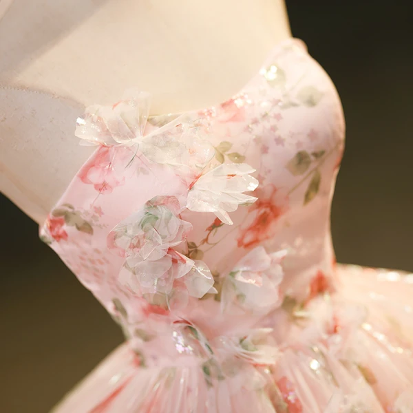 Flower Fairy Blushing Pink Appliques Printing Flower Sequins Prom Dresses 2023 Ball Gown Strapless Sleeveless Backless Floor-Length / Long Prom Formal Dresses