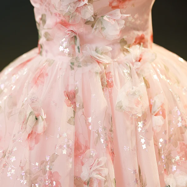 Flower Fairy Blushing Pink Appliques Printing Flower Sequins Prom Dresses 2023 Ball Gown Strapless Sleeveless Backless Floor-Length / Long Prom Formal Dresses