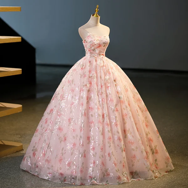 Flower Fairy Blushing Pink Appliques Printing Flower Sequins Prom Dresses 2023 Ball Gown Strapless Sleeveless Backless Floor-Length / Long Prom Formal Dresses