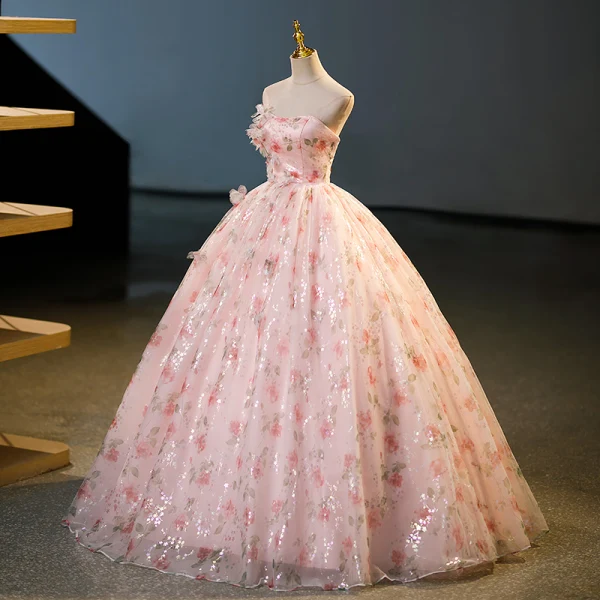 Flower Fairy Blushing Pink Appliques Printing Flower Sequins Prom Dresses 2023 Ball Gown Strapless Sleeveless Backless Floor-Length / Long Prom Formal Dresses