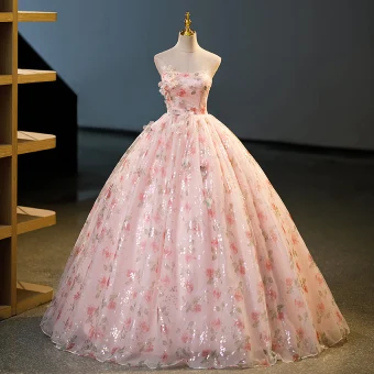 Flower Fairy Blushing Pink Appliques Printing Flower Sequins Prom Dresses 2023 Ball Gown Strapless Sleeveless Backless Floor Length Long Prom Formal Dresses