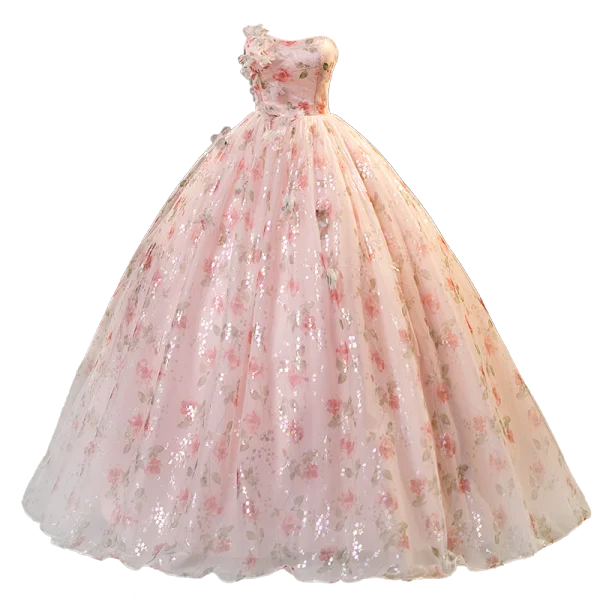 Flower Fairy Blushing Pink Appliques Printing Flower Sequins Prom Dresses 2023 Ball Gown Strapless Sleeveless Backless Floor-Length / Long Prom Formal Dresses