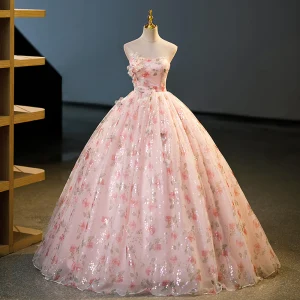 Blomsterfe Rødmende Rosa Appliques Printing Blomst Paljetter Ballkjoler 2023 Ballkjole Strapless Uten Ermer Ryggløse Lange Ball Formelle Kjoler
