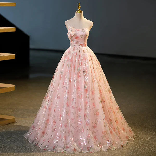 Flower Fairy Blushing Pink Appliques Printing Flower Sequins Prom Dresses 2023 Ball Gown Strapless Sleeveless Backless Floor-Length / Long Prom Formal Dresses