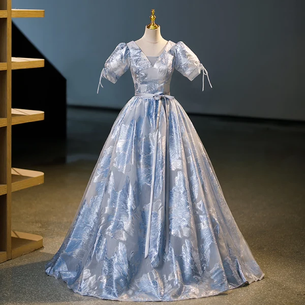 Elegant Sky Blue Glitter Sequins Prom Dresses 2023 Ball Gown V-Neck Short Sleeve Backless Floor-Length / Long Prom Formal Dresses
