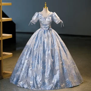 Élégant Bleu Ciel Glitter Paillettes Robe De Bal 2023 Robe Boule V Cou Manches Courtes Dos Nu Longue Promo Robe De Ceremonie