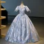 Elegant Sky Blue Glitter Sequins Prom Dresses 2023 Ball Gown V-Neck Short Sleeve Backless Floor-Length / Long Prom Formal Dresses