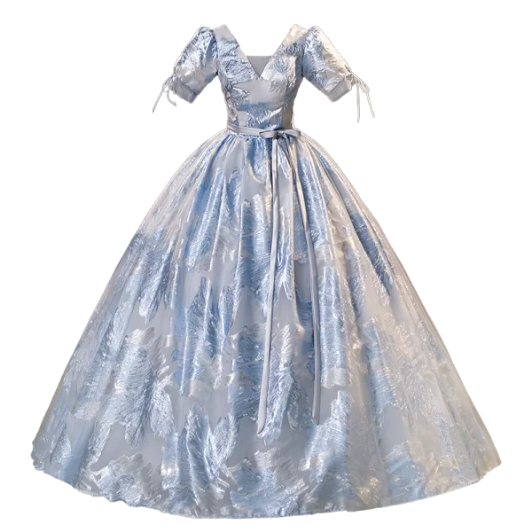 Elegant Sky Blue Glitter Sequins Prom Dresses 2023 Ball Gown V-Neck Short Sleeve Backless Floor-Length / Long Prom Formal Dresses