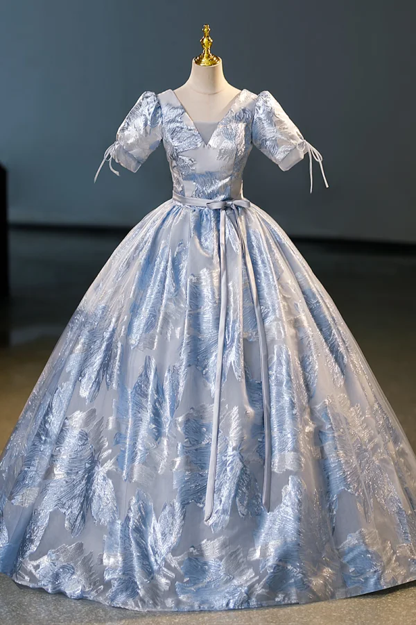 Elegant Sky Blue Glitter Sequins Prom Dresses 2023 Ball Gown V-Neck Short Sleeve Backless Floor-Length / Long Prom Formal Dresses