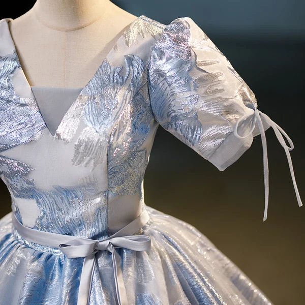 Elegant Sky Blue Glitter Sequins Prom Dresses 2023 Ball Gown V-Neck Short Sleeve Backless Floor-Length / Long Prom Formal Dresses