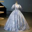Elegant Sky Blue Glitter Sequins Prom Dresses 2023 Ball Gown V-Neck Short Sleeve Backless Floor-Length / Long Prom Formal Dresses