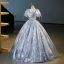 Elegant Sky Blue Glitter Sequins Prom Dresses 2023 Ball Gown V-Neck Short Sleeve Backless Floor-Length / Long Prom Formal Dresses