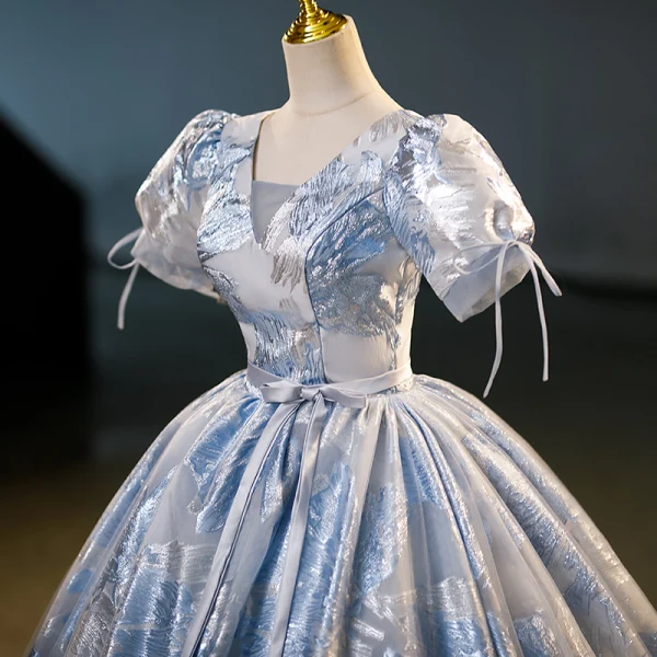 Elegant Sky Blue Glitter Sequins Prom Dresses 2023 Ball Gown V-Neck Short Sleeve Backless Floor-Length / Long Prom Formal Dresses