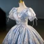 Elegant Sky Blue Glitter Sequins Prom Dresses 2023 Ball Gown V-Neck Short Sleeve Backless Floor-Length / Long Prom Formal Dresses