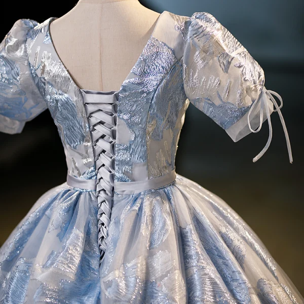 Elegant Sky Blue Glitter Sequins Prom Dresses 2023 Ball Gown V-Neck Short Sleeve Backless Floor-Length / Long Prom Formal Dresses