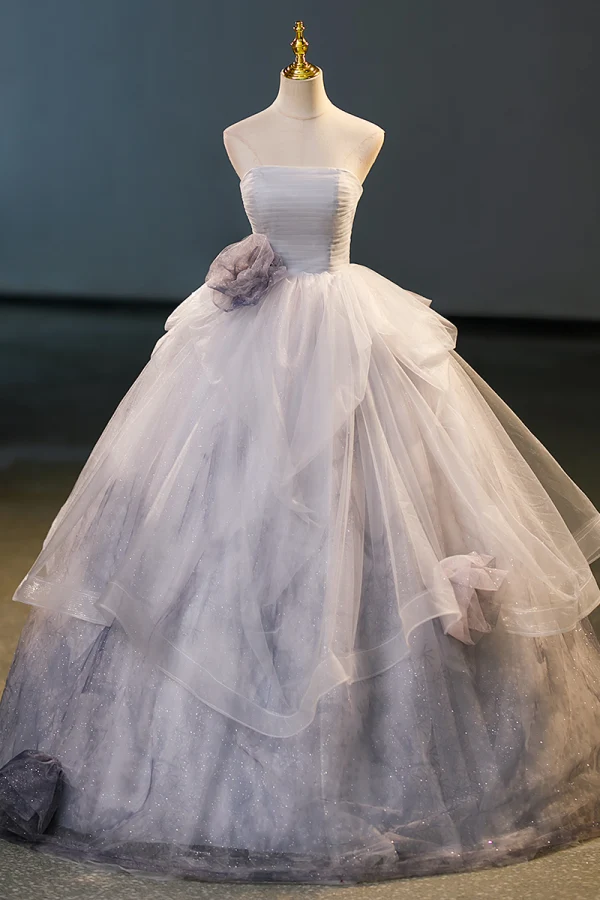Mode Grau Glanz Fallende Rüsche Blumen Ballkleider 2023 Ballkleid Ärmellos Bandeau Rückenfreies Lange Ball Festliche Kleider