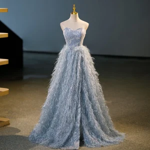 Sjarmerende Himmelen Blå Beading Perle Paljetter Dusk Selskapskjoler 2023 Prinsesse Strapless Uten Ermer Ryggløse Fendue Devant Lange Aften Formelle Kjoler