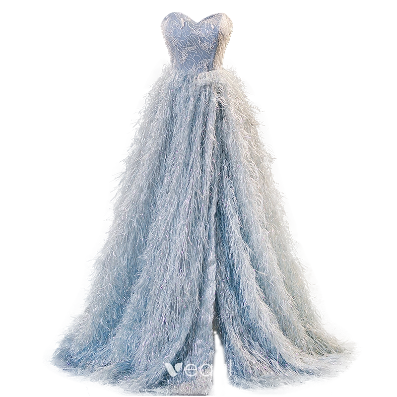 RSM66989 Blue Elegant Flowy Sexy Sling Evening Dress Pearl Beading Pattern  Design Frill Lace Backless Gradient Long Skirt - wedding dress