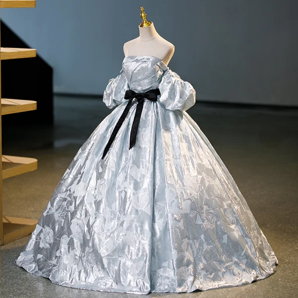 Fashion Silver Grey Prom Dresses 2023 Ball Gown Off-The-Shoulder Puffy Short Sleeve Backless Bow Sash Floor-Length / Long Prom Formal Dresses