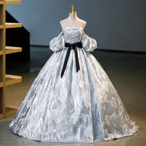 Fashion Silver Grey Prom Dresses 2023 Ball Gown Off The Shoulder Puffy Short Sleeve Backless Bow Sash Floor Length Long Prom Formal Dresses