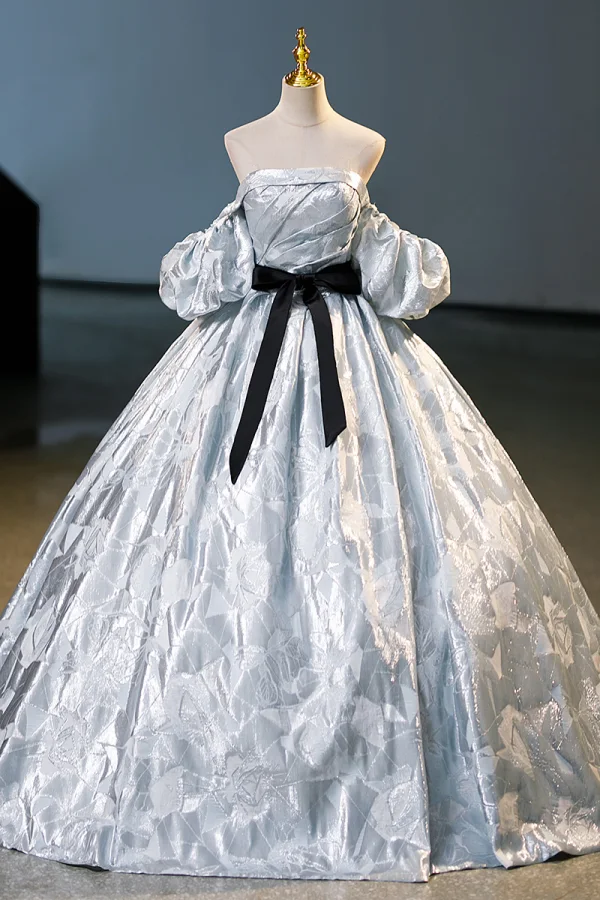 Fashion Silver Grey Prom Dresses 2023 Ball Gown Off-The-Shoulder Puffy Short Sleeve Backless Bow Sash Floor-Length / Long Prom Formal Dresses