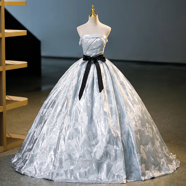 Fashion Silver Grey Prom Dresses 2023 Ball Gown Off-The-Shoulder Puffy Short Sleeve Backless Bow Sash Floor-Length / Long Prom Formal Dresses