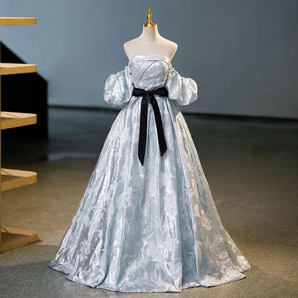 Fashion Silver Grey Prom Dresses 2023 Ball Gown Off-The-Shoulder Puffy Short Sleeve Backless Bow Sash Floor-Length / Long Prom Formal Dresses