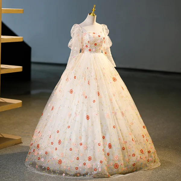 Flower Fairy Champagne Multi-Colors Sequins Flower Beading Prom Dresses 2023 Square Neckline Long Sleeve Backless Floor-Length / Long Formal Dresses