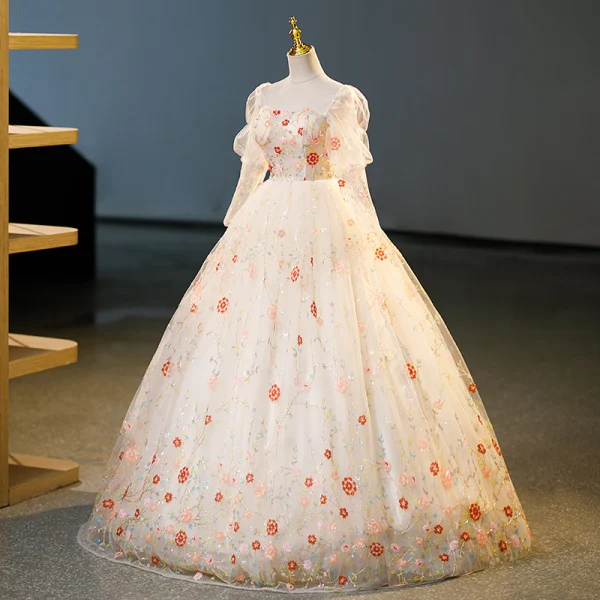 Flower Fairy Champagne Multi-Colors Sequins Flower Beading Prom Dresses 2023 Square Neckline Long Sleeve Backless Floor-Length / Long Formal Dresses