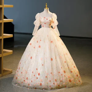 Fée Des Fleurs Champagne Multi Couleurs Paillettes Fleur Perlage Robe De Bal 2023 Encolure Carrée Manches Longues Dos Nu Longue Robe De Ceremonie