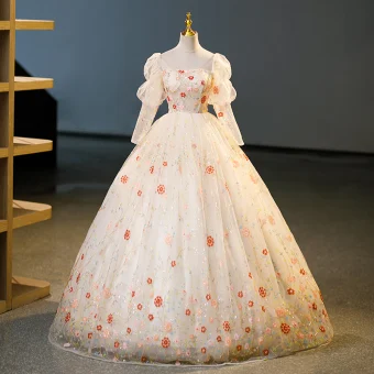Fée Des Fleurs Champagne Multi Couleurs Paillettes Fleur Perlage Robe De Bal 2023 Encolure Carrée Manches Longues Dos Nu Longue Robe De Ceremonie