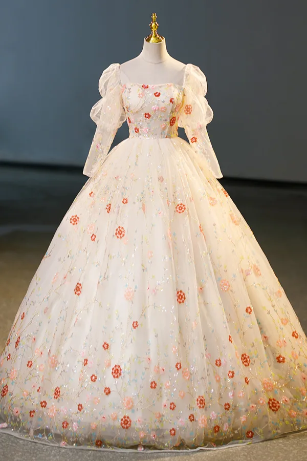 Flower Fairy Champagne Multi-Colors Sequins Flower Beading Prom Dresses 2023 Square Neckline Long Sleeve Backless Floor-Length / Long Formal Dresses