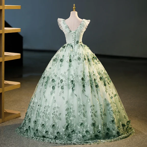 Fashion Sage Green Lace Flower Appliques Prom Dresses 2023 Ball Gown V-Neck Sleeveless Backless Floor-Length / Long Prom Formal Dresses